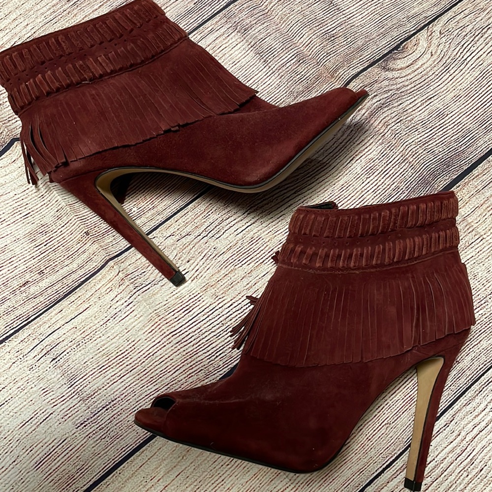 Rebecca Minkoff Rio- fringe peep toe ankle bootie side zip